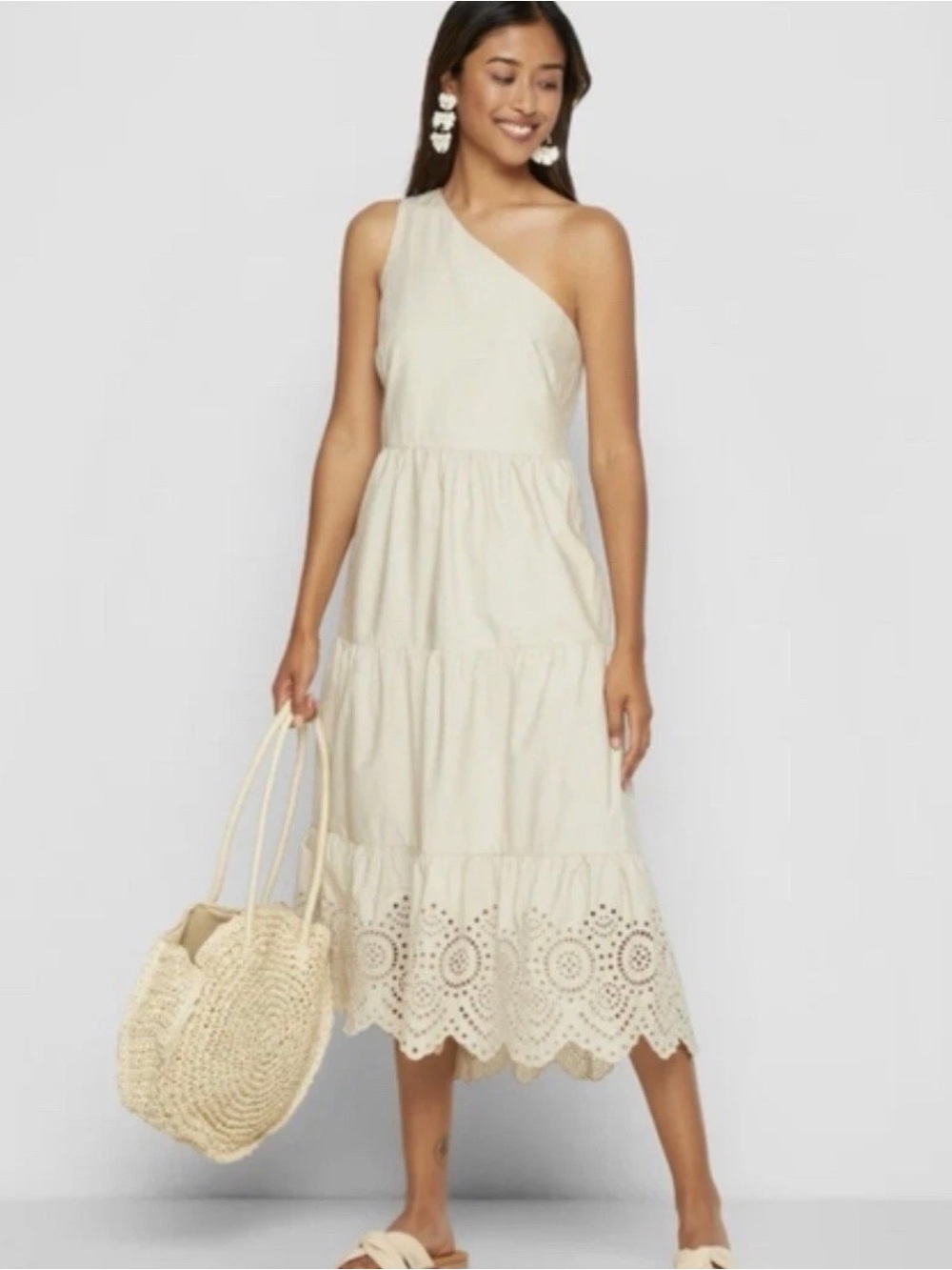 Gap Women’s One Shoulder Beige khaki Dress Eyelet Trim 100% Cotton 8 Petite - Picture 3 of 9